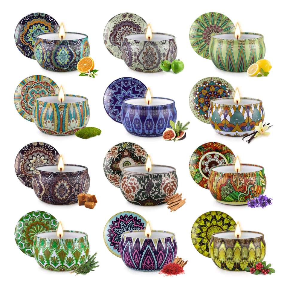 Mini Travel Size 50g Aromatherapy Soy Wax Candle Set in Decorative Tin Cans with Exotic Prints