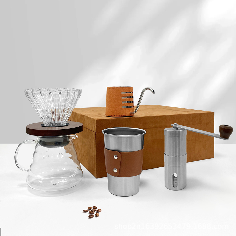 Luxury 4-in-1 Borosilicate Glass Pour Over Coffee Gift Set Stainless Steel Manual Grinder & Kettle Professional Hand Drip Kit