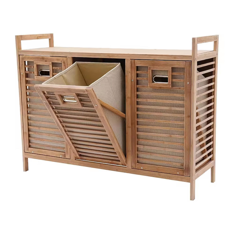 3 Sections Large Capacity Bamboo Laundry Basket Portable Dirty Clothes Storage Hamper With Shelf and 3 Bags