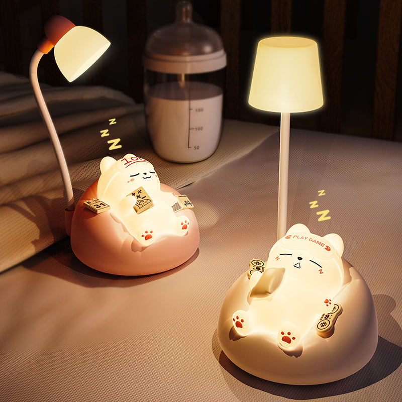 Cute Kawaii Cat Night Light Kids USB Rechargeable Portable LED Lamp Modern Silicone Sleeping Kitty Animal ABS Table Nightlight