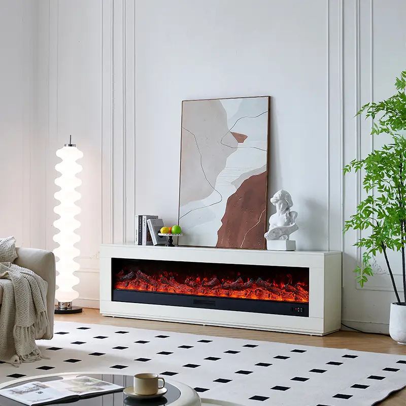 Minimalist Electric Fireplace TV Stand with Heating Function Modern Wooden TV Cabinet with Simulated Flame Under TV