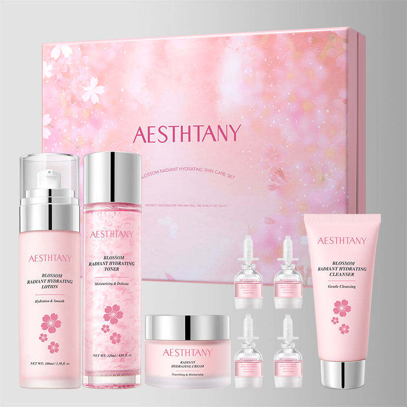 AESTHTANY Sakura Radiance Moisturizing Eight Piece Kit Hydrating Brightening Nourishing Anti Aging Facial Skin Care