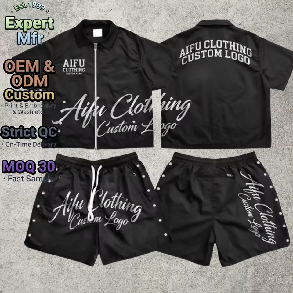 Custom Logo Men's Two-Piece Set Satin Summer Tracksuit Silk Screen Printing Zipper Short Sleeve Shirt Cargo Shorts Quick Dry