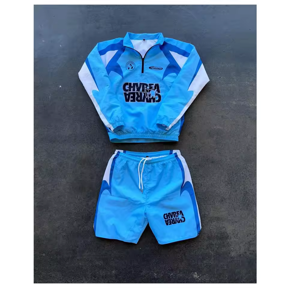 Wholesale Factory Custom Made Men's Windbreaker Nylon Shorts Tracksuits Sublimated Printed 100% Nylon Jacket and Shorts Set Men