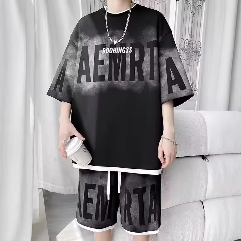 Support Customization of One Item Summer Fashion Letter Printed Short Sleeved Shirt Trendy Men's Shirt Shorts Two-piece Set
