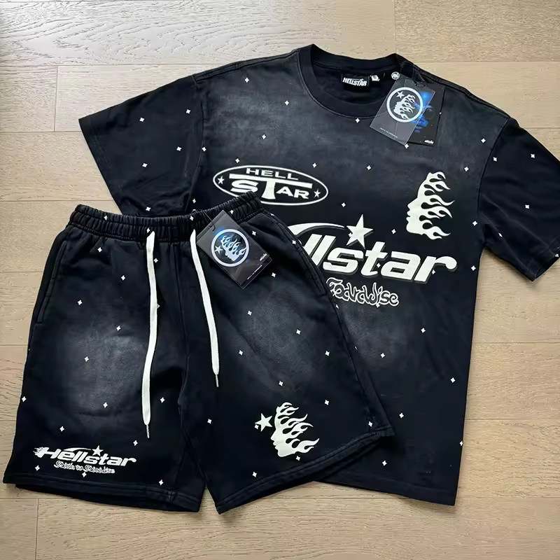 Stock Hell Star Breathable Oversized Hip-hop Streetwear Distressed Vintage Washed Cotton Short Sleeve T-Shirt Set Men's Summer