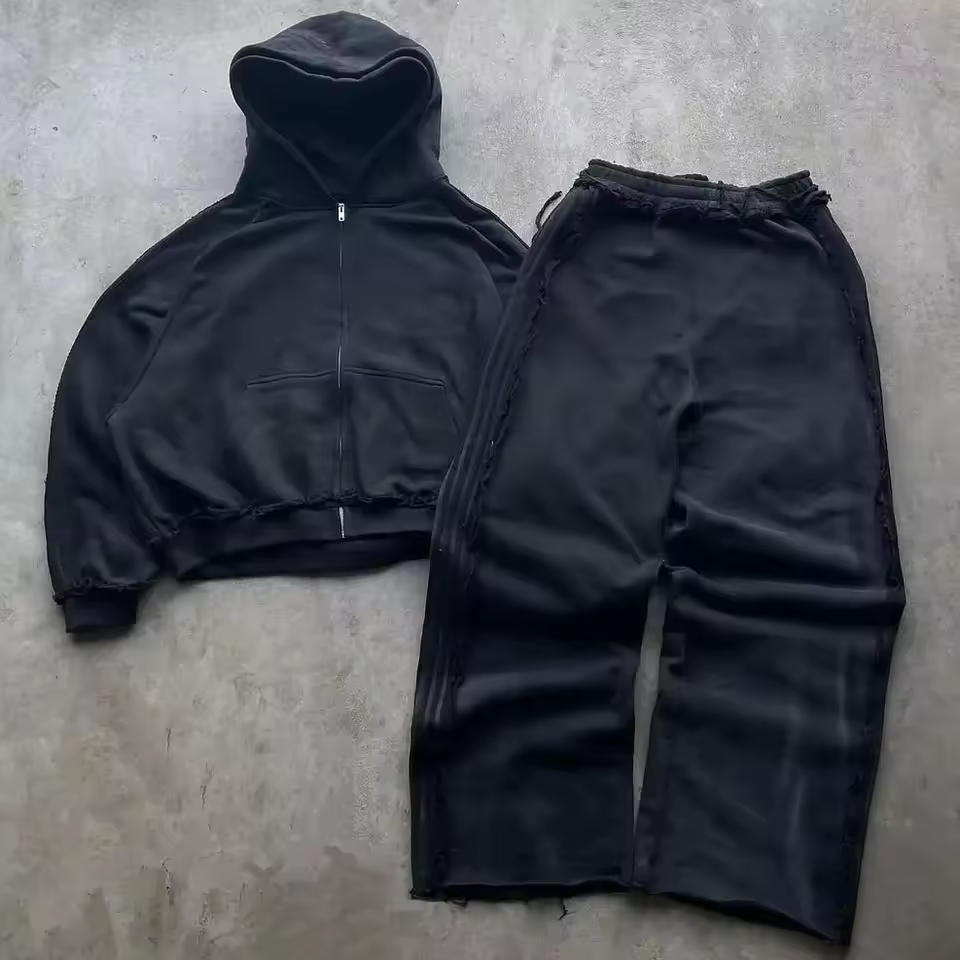 OEM Custom High Quality Streetwear Boxy Zip up Hoodie and Wide Leg Sweatpants Two Piece Set Oversized Cotton Men's Tracksuits