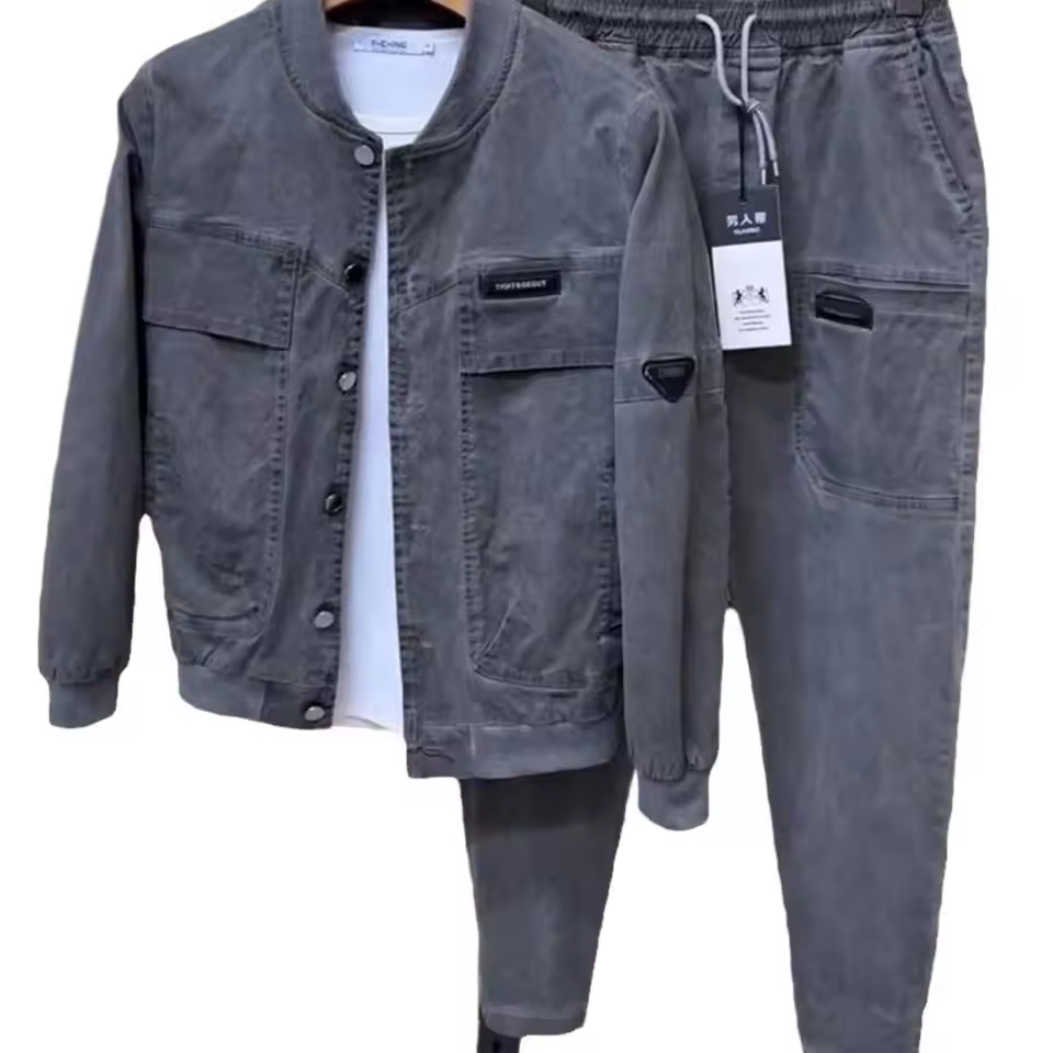 2025 Men's Casual Sports Suit New Slim Fit Two-Piece Set in Washed Denim Solid Color Spring and Autumn Fashion