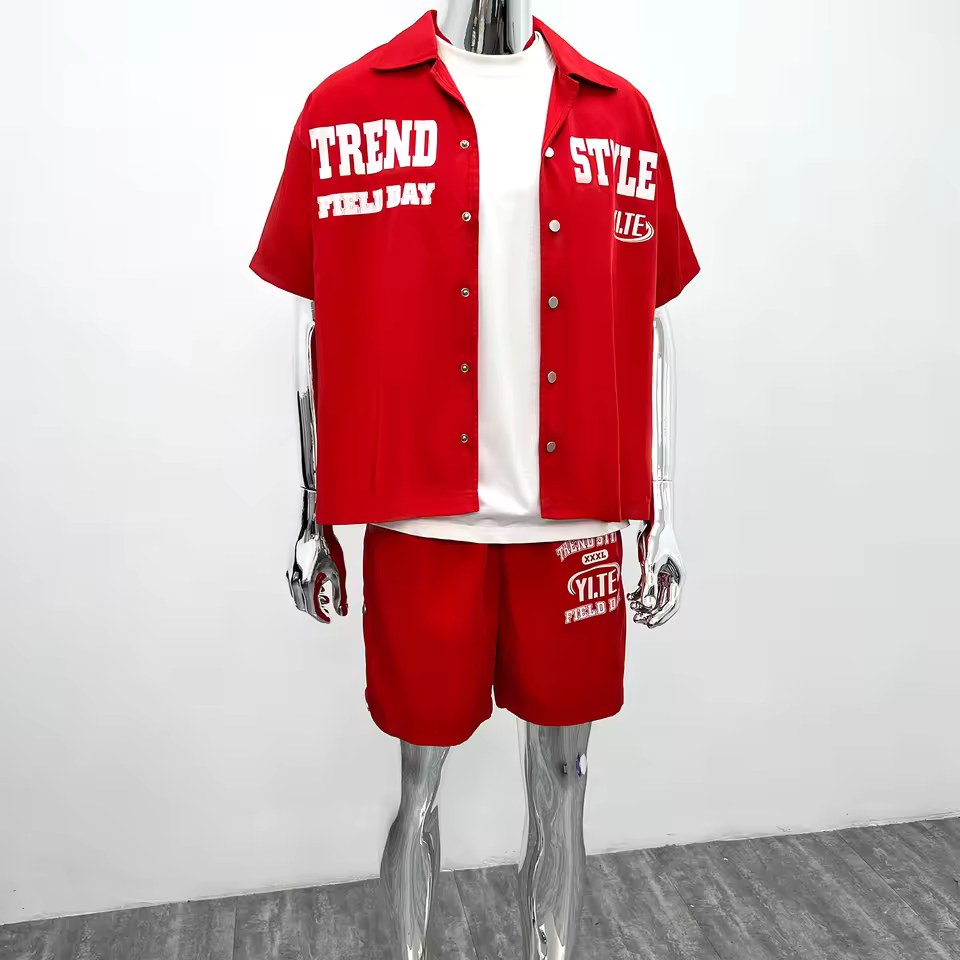 Fashion Oversized Button up Polo Shirt Set Custom Logo Print Baggy Shorts for Men Summer Streetwear Designer Nylon Shorts Set