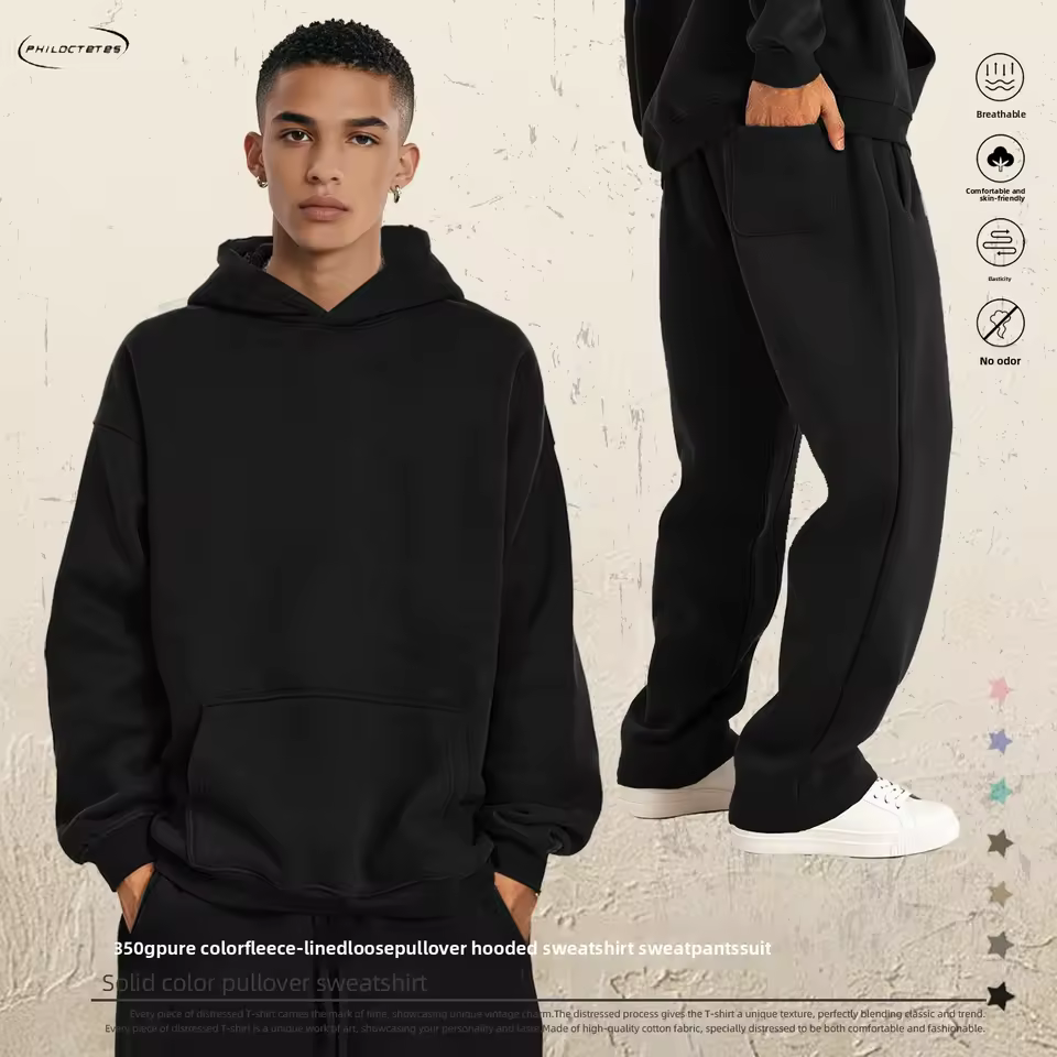 QianXi 2026 Winter Men's Hooded Fleece Sweatshirt & Sweatpants Set 350g Polyester/Cotton Breathable Streetwear Trousers for Men
