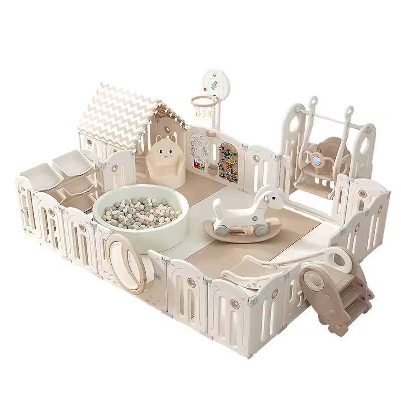Milk Brown Modern Style Playpen Star-Moon Combination Home Folding Baby's Outdoor Amusement Park with Protective Plastic Swing