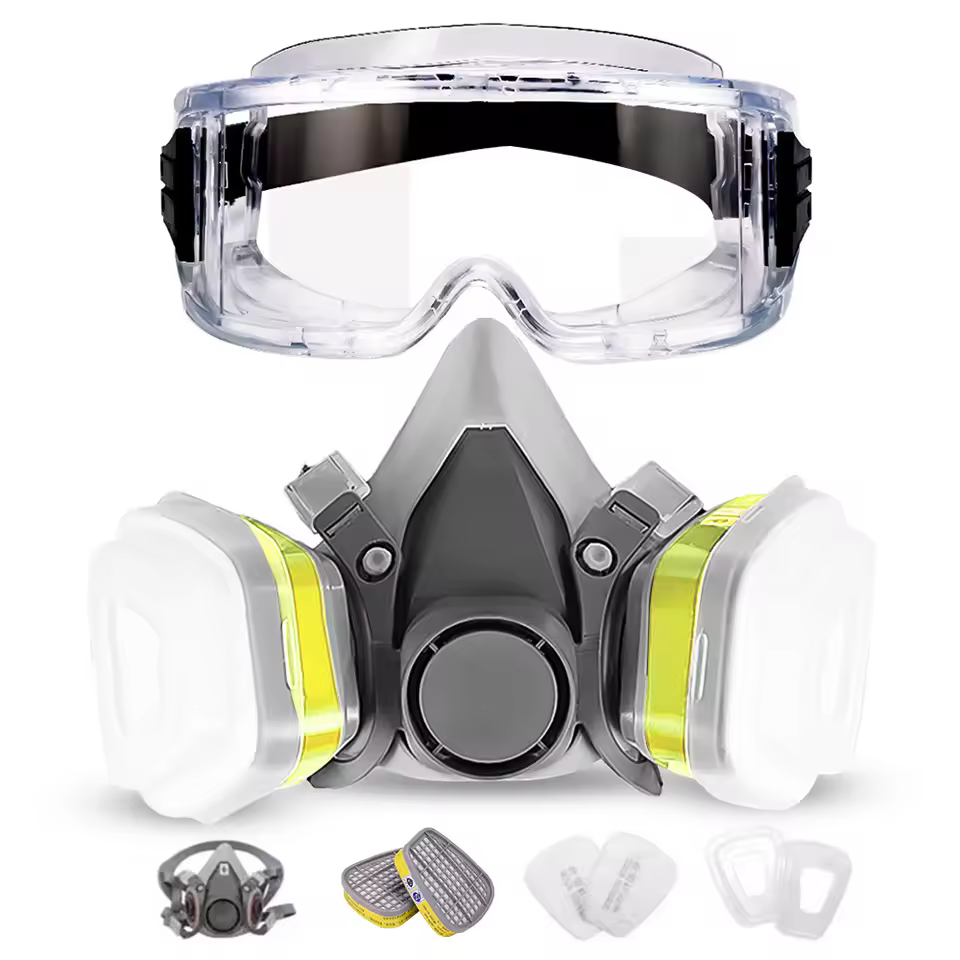 CF6200 Half Face Gas Mask Double Filter with Clear Safety Glasses for Dust Proof Spraying Cutting Protection