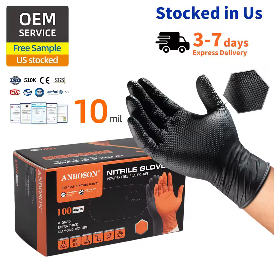 ANBOSON 10Mil Heavy Duty Diamond Nitrile Gloves with Strong Tensile Strength for Auto Repair Janitorial Cleaning Beauty Salon