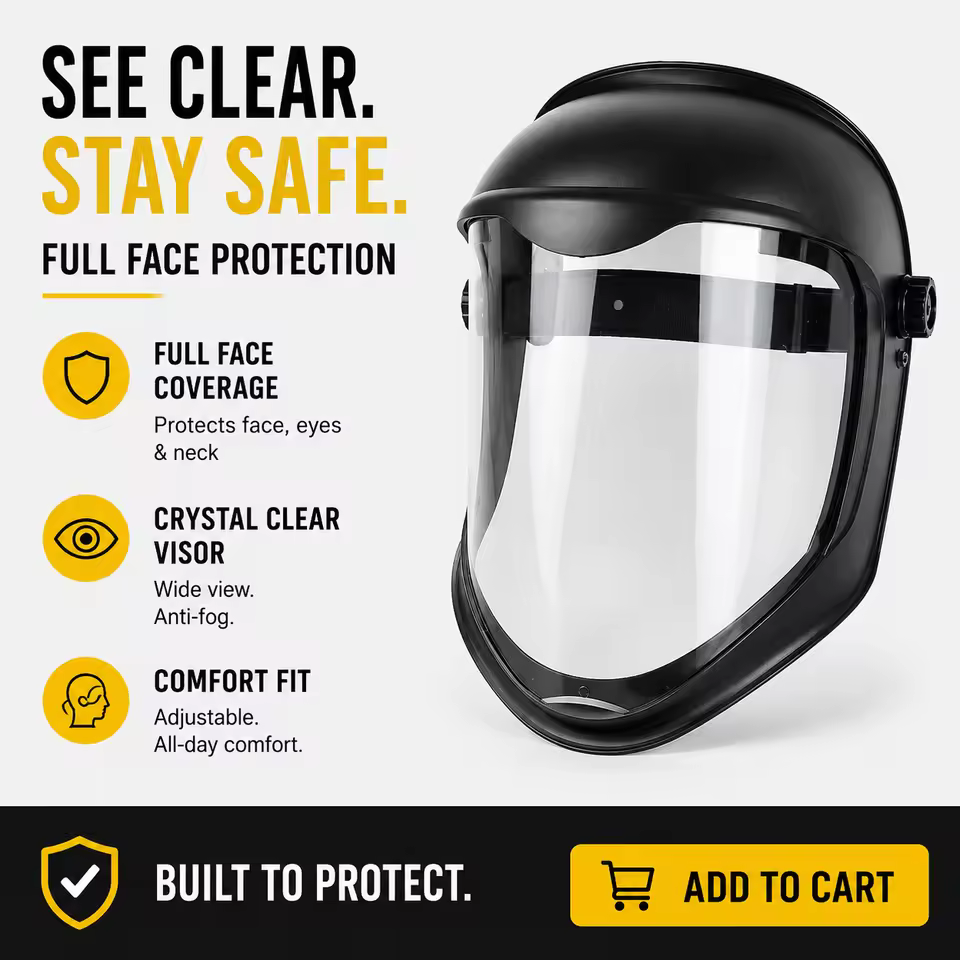 Anti-fog Anti-scratch Full Face Shield, Dual Protection, Multi-purpose for Industrial, Construction and Household Safety