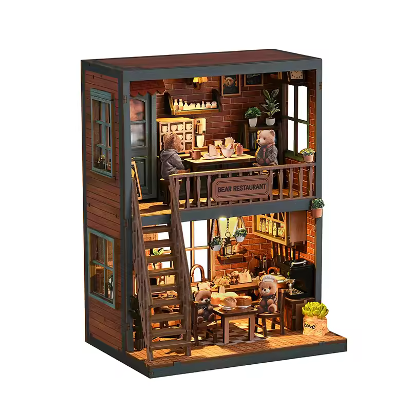New Cute Bear Time-Travelling Wooden Bookend DIY Handmade Cottage Art House Architectural Model 3D Assembly Toy Gift for Ages