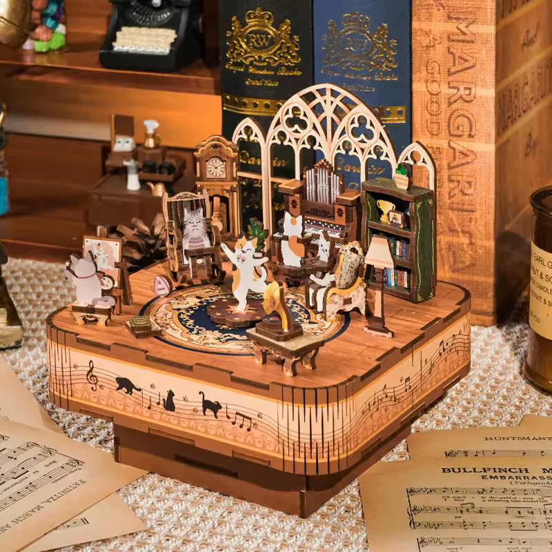 Tonecheer Trendy Bulk Classic Lovely Cat Theme 3D Wooden Puzzle Rotating Music Box for Tourism Souvenir & Gift Sets