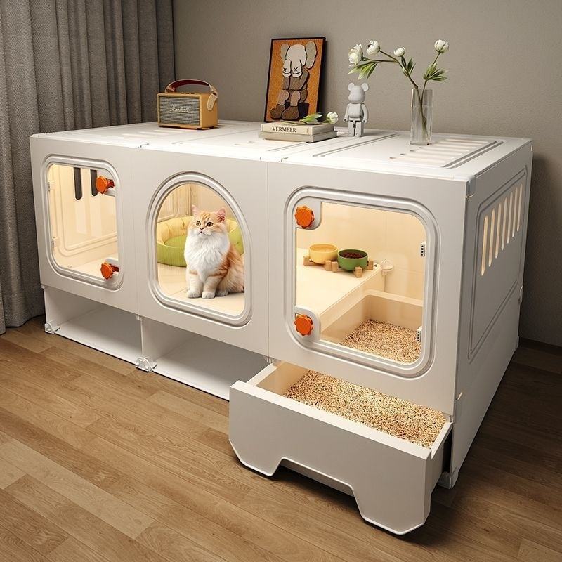 Plastic Box Cat Cage Villa with Integrated Toilet Bathroom & Living Area for Small Indoor Spaces All Seasons
