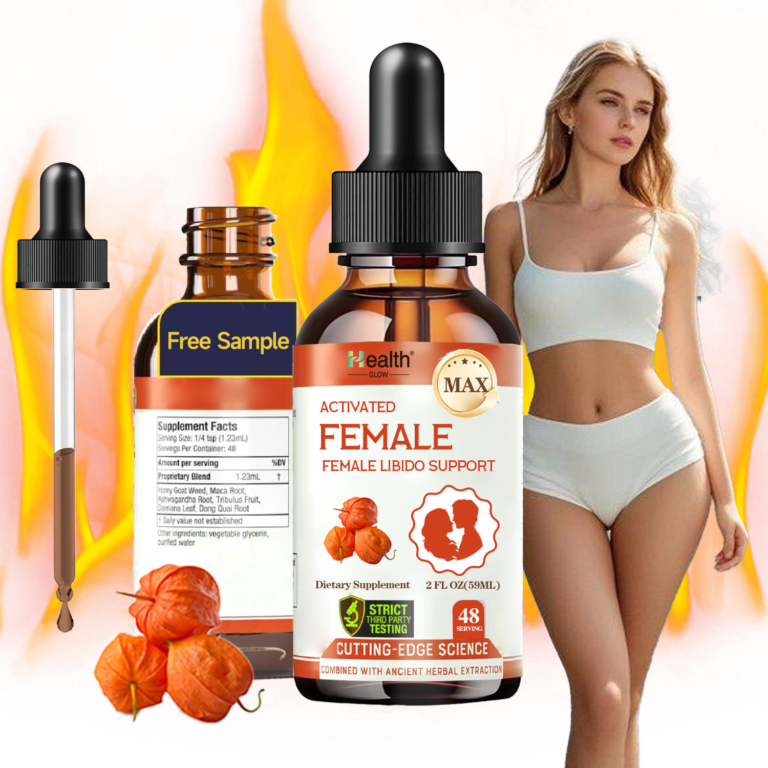 Health Glow Female Libido Support Oral Liquid Drops Maca Ashwagandha Natural Herbal Energy Immune Support 60ml