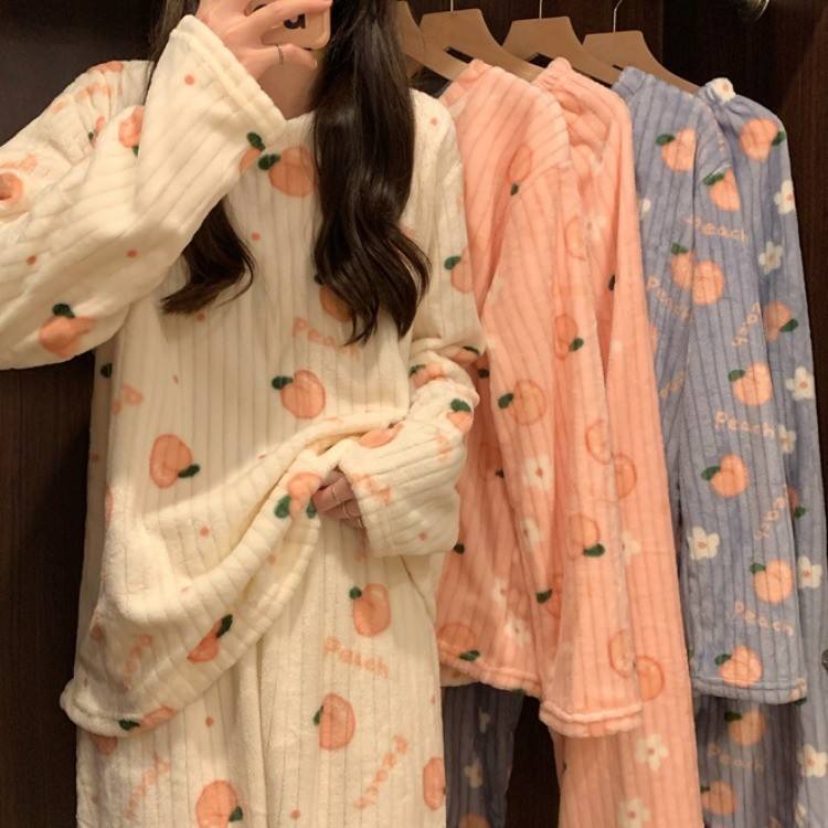 Women Coral Velvet Cartoon Print Pajama Set Long Sleeve Homewear 2 Piece