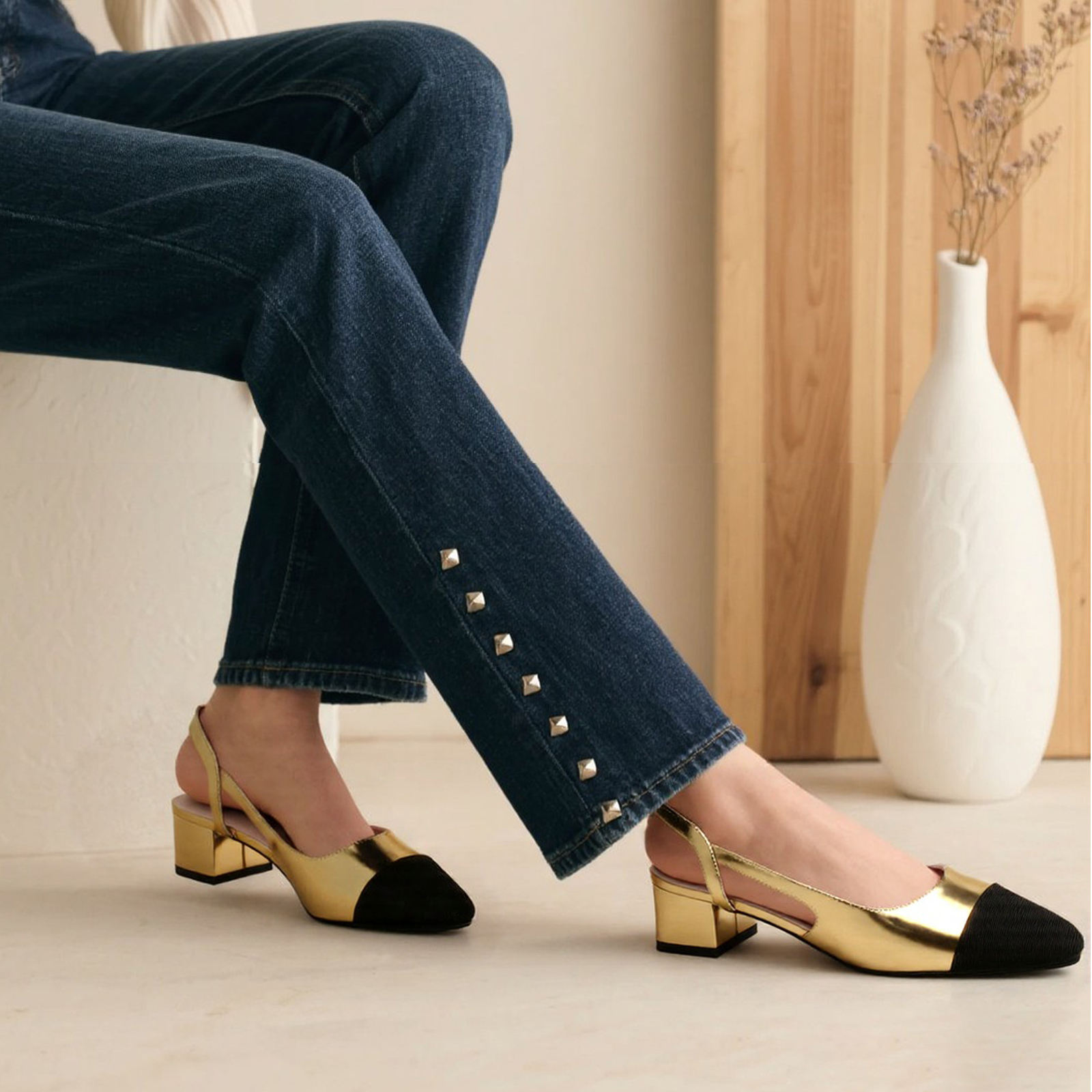 Grecca Women Genuine Leather Chunky Round Toe Rhinestone Ankle Strap Sandals Mid High Heels