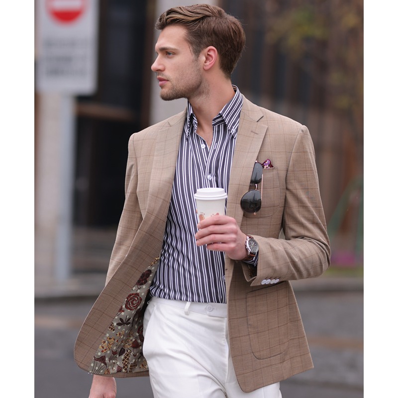 Men's British Plaid Casual Suit Jacket Dark Yuppie Single Breasted Business