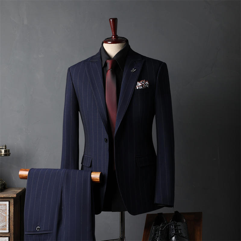 Men's Italian Wool Striped Blazer Business Slim Fit Single Breasted