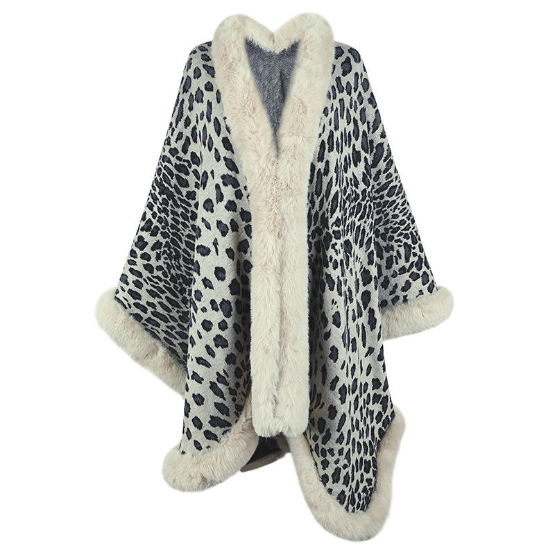 Women Leopard Print Faux Fur Tassel Knitted Poncho Shawl Autumn Winter Warm Cape