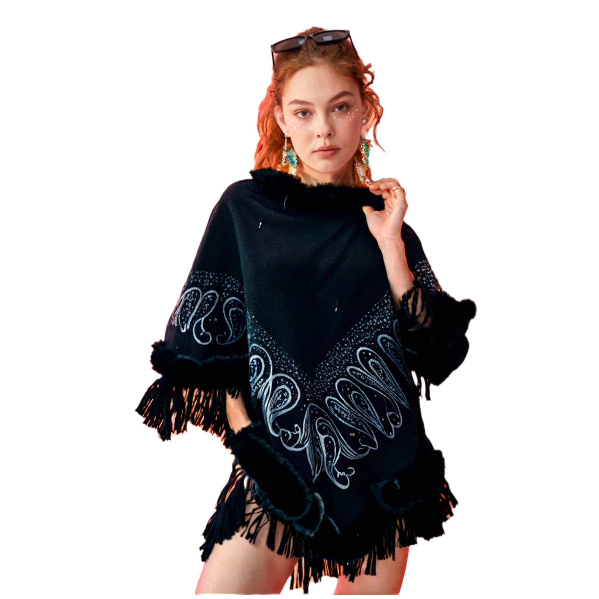 Women Faux Fur Tassel Knitted Poncho Shawl Autumn Winter Warm Soft Cape Square Shawl