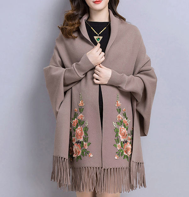 Wool Cashmere Knitted Poncho Scarf Cover-up With Tassels Embroidery Vintage