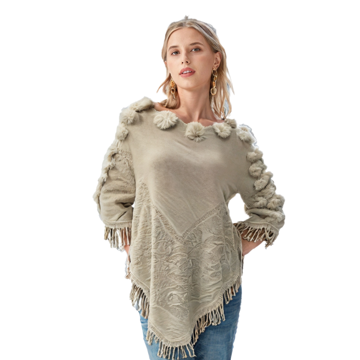 Women Striped Knitted Poncho Shawl Faux Fur Ball Decoration Autumn Winter Warm Cape