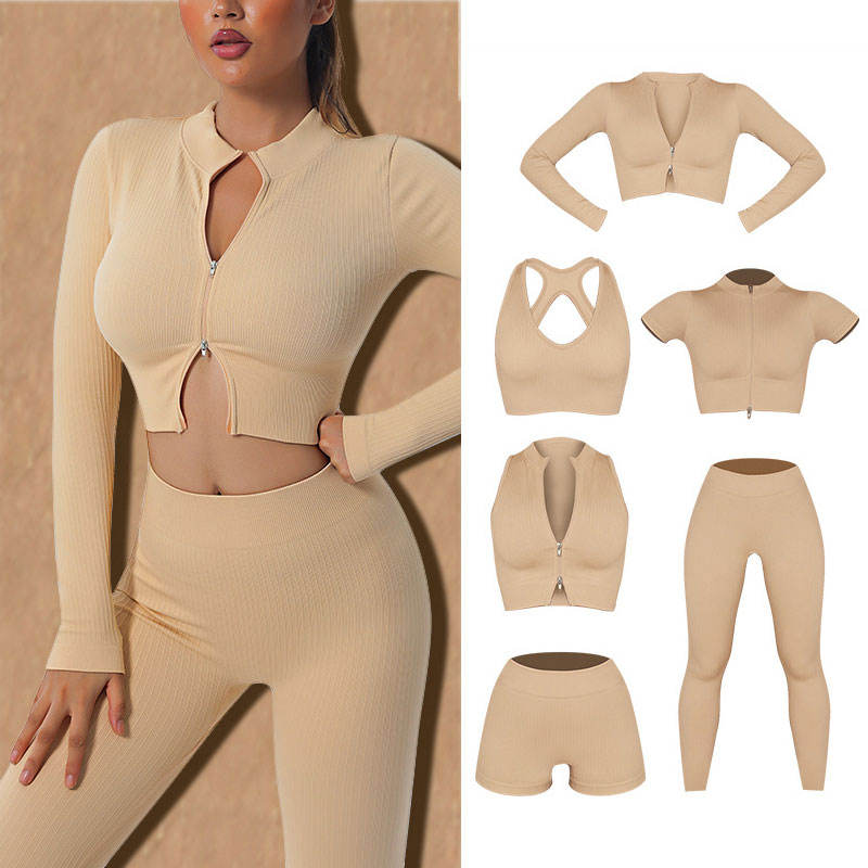 Women 6 Piece Ribbed Yoga Set Zipper Activewear Gym Fitness Outfit