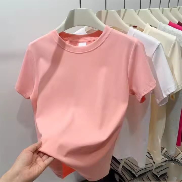 Basic Y2K Solid Cotton Womens T-Shirt Crew Neck Short Sleeve Casual Loose Tee