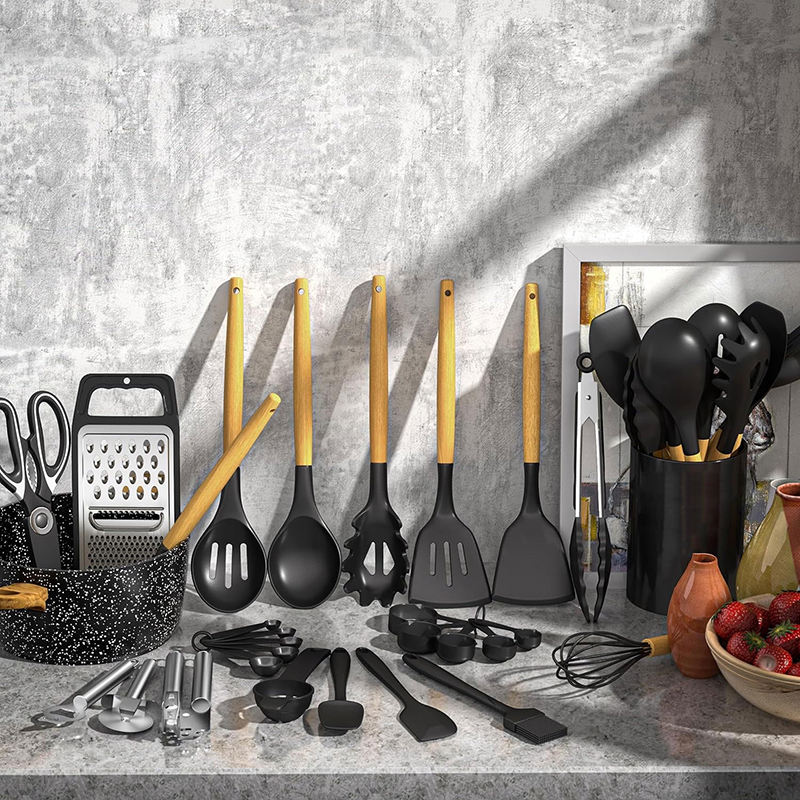 34PCS Wood Handle Silicone Kitchen Cooking Utensils Set Heat Resistant Nonstick Black - Jiangmen Tops