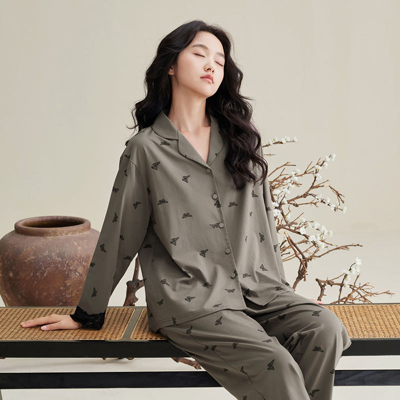 Women 100% Cotton Printed Long Sleeve Pajama Set Spring Autumn