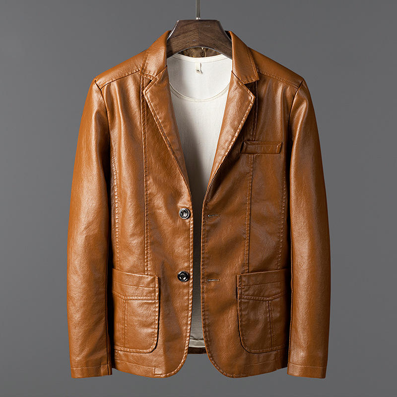 Men's Double Breasted PU Leather Motorcycle Jacket Stand Collar Zip Up