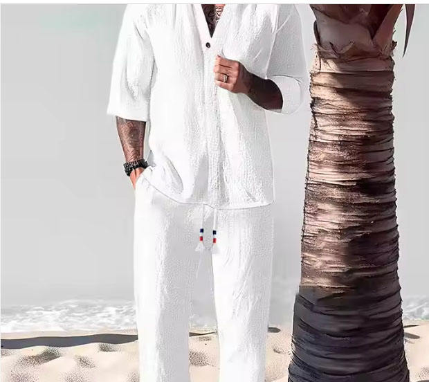 Men's Summer Crinkled Mid-Sleeve T-Shirt Shorts Two Piece Set