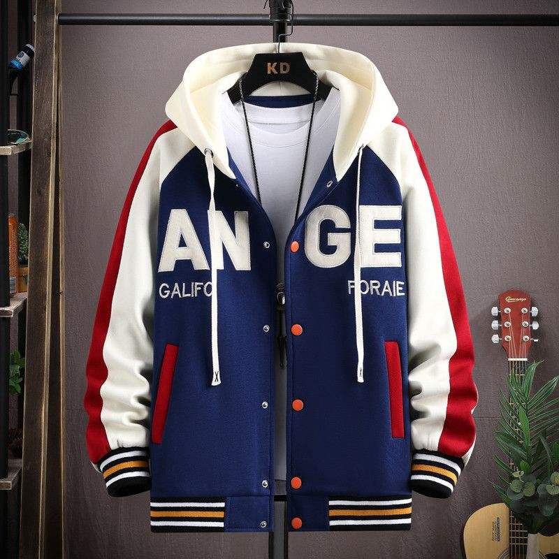 Men's Hooded Letter Print Varsity Baseball Jacket Coat